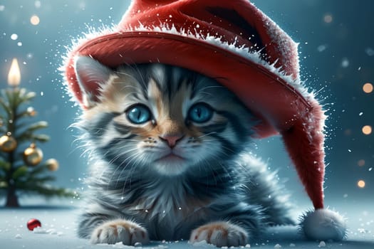 Cute kitten in a New Year's holiday hat in the snow, isolated on a blue background. New Year card .