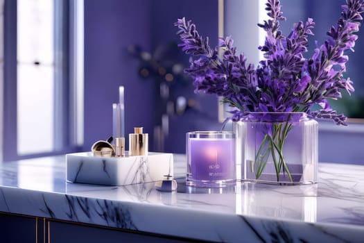 Cozy corner in a stylish bathroom with a bouquet of lavender on a marble countertop. Aroma of luxury