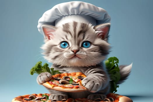 Professional chef, cute cat in a chef's hat prepares pizza .