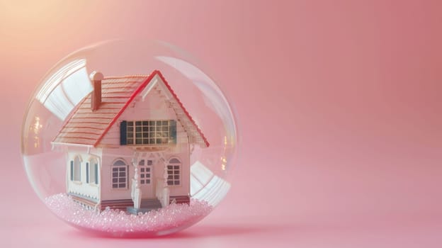 A hand is holding a glass ball with a house inside. The house is small and he is made of glass. Concept of fragility and delicacy, as the house inside the ball is easily breakable