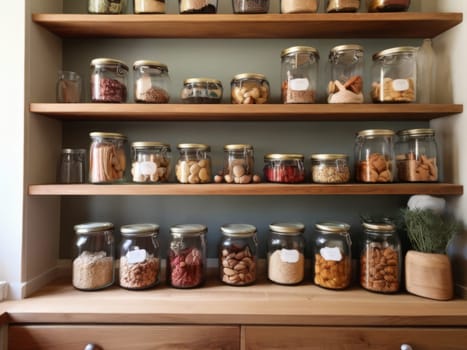 Efficient sustainable pantry organization with glass jars on rustic wooden shelves