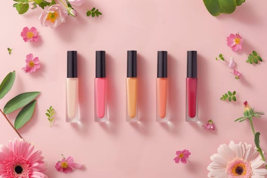 Glossy lip products displayed with pink flowers on a background of elegance and beauty