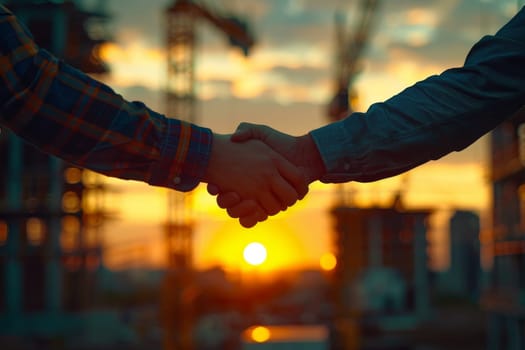 Two people shaking hands in front of a sunset. Scene is peaceful and positive. Logistic concept