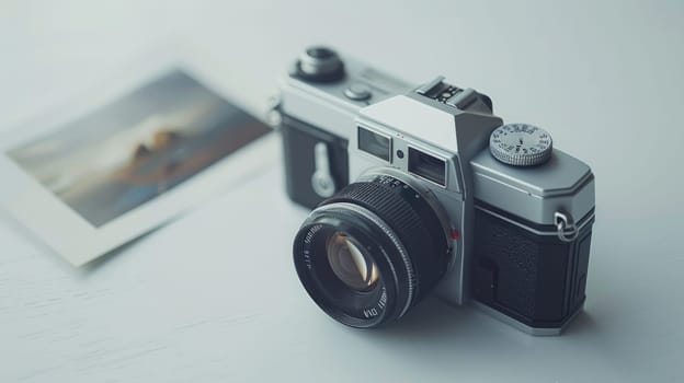 A silver camera sits on a table next to a picture, Memories from photographs.