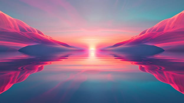 A colorful, abstract background with a blue and pink sky. The sky is filled with bright colors and the ground is a mix of blue and pink. Scene is vibrant and energetic