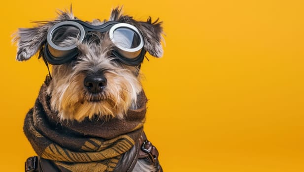 Dog in goggles and vintage scarf fashionable canine travel accessories on orange background