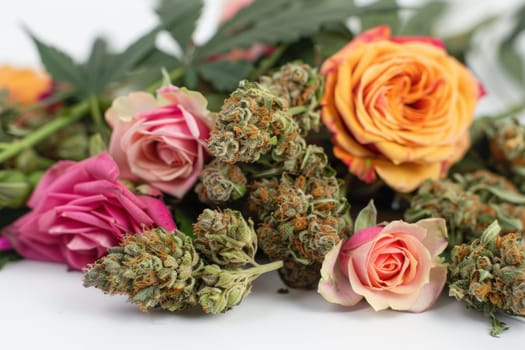 Marijuana and roses bouquet on white background for beauty and medical cannabis concept