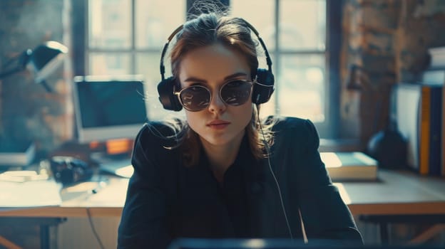 A woman wearing headphones working in the office, enjoy good quality sound, stress free concept.