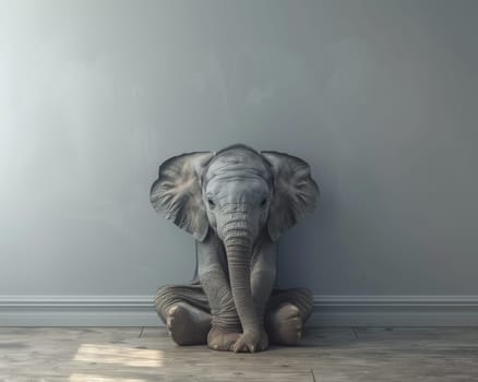 A small elephant statue is sitting in a room with white walls. The elephant is looking at the camera, and the room is empty