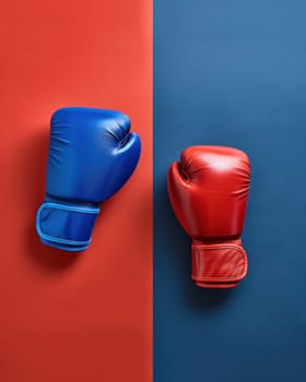 Sporty red and blue boxing gloves on colorful background for fitness and health concepts