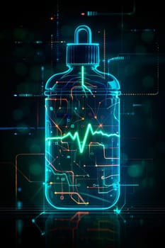 A bottle with a glowing heart on it. The bottle is surrounded by a network of wires and circuits