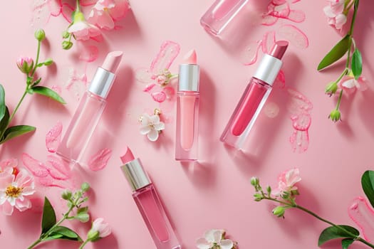 Pink lip gloss and flowers beauty and fashion flat lay with leaves on pink background