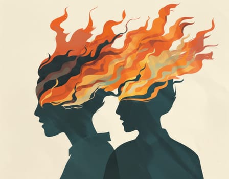 Flames of passion silhouettes of a man and woman with fire burning from their heads in artistic concept