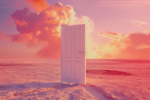 Desert doorway with pink sky and clouds a surreal journey into the unknown