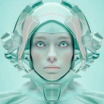 Futuristic beauty in twotone suit portrait of a woman with unique face makeup for art and fashion concept