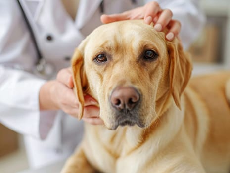 A woman is petting a dog on its head. The dog is laying on a bed. The woman is wearing a blue shirt