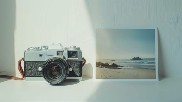 A film camera on the white table, Best travel memories, Memories from photographs.