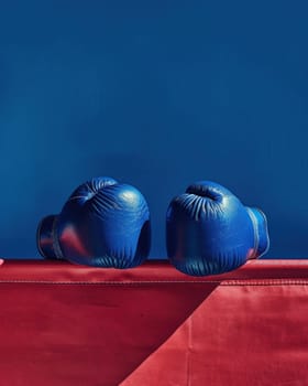 Blue boxing gloves on red and blue table with blue wall in background for fitness and sport concept