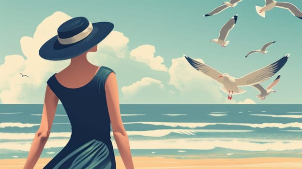 Woman in dress and hat watching seagulls on beach during relaxing vacation trip