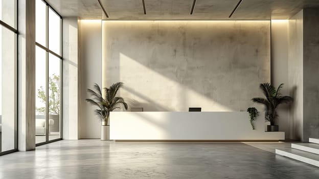 A large white wall with a marble design and a potted plant in the corner. The room is empty and has a modern, minimalist feel