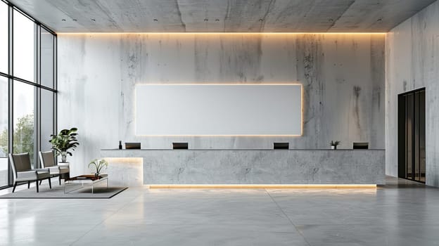 A large white wall with a marble design and a potted plant in the corner. The room is empty and has a modern, minimalist feel