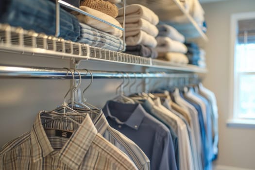 A closet with clothes hanging on hangers and a basket of clothes on the top shelf. The clothes are neatly folded and organized