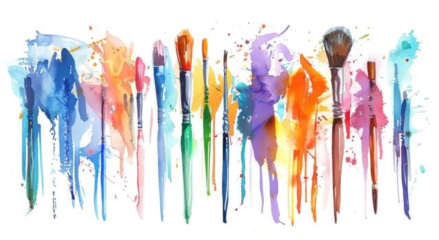 Colorful watercolor paint brushes with splashes of paint on white background for artistic creations and projects