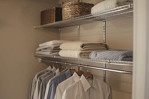 A closet with clothes hanging on hangers and a basket of clothes on the top shelf. The clothes are neatly folded and organized