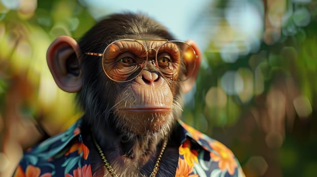 A stylish monkey wearing sunglasses and summer suit, animal funny pop art, A monkey in summer clothes.