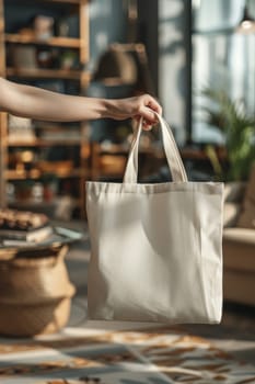 A white tote bag with a leaf on it sits on a table with a flower.