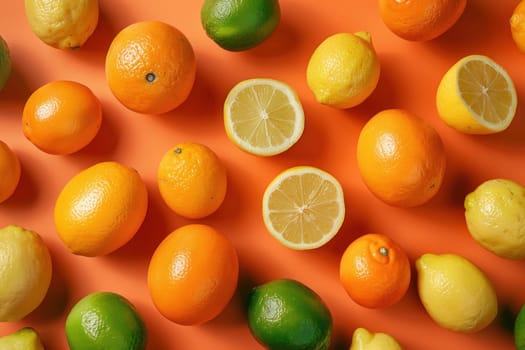 Assortment of citrus fruits on vibrant orange background for fresh and healthy lifestyle concept