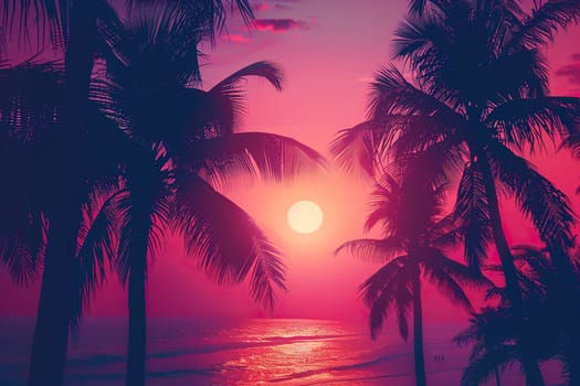 Silhouettes of tropical palm trees on a background of sunset with neon glow. Futuristic neon background.