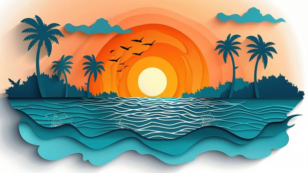 Summer seascape with palm trees and sun in paper cut style