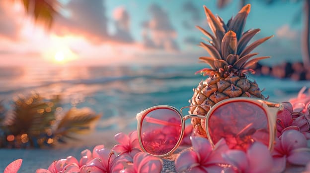 Summer holiday concept. Pineapples and sunglasses in pink tones on a blue water surface.