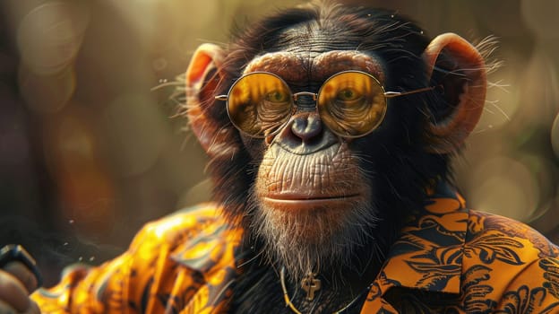 A stylish monkey wearing sunglasses and summer suit, animal funny pop art, A monkey in summer clothes.