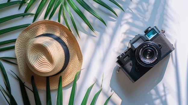 A film camera on the table with plants and hat, Best travel memories, Memories from photographs.