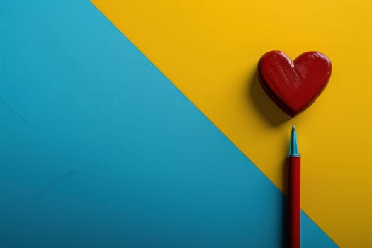 Heartfelt creativity red heart on blue and yellow background with red pencil for art and inspiration