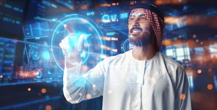 Muslim businessman working with floating data visualization screen. Futuristic business concept