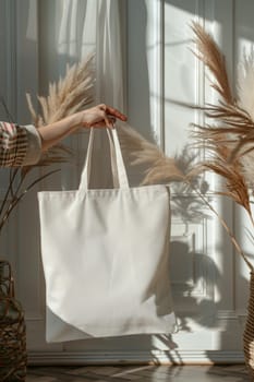 A white tote bag with a leaf on it sits on a table with a flower.