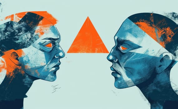 Connection and contrast two people with colorful triangles on their faces, symbolizing unity and diversity