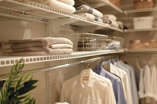 A closet with clothes hanging on hangers and a basket of clothes on the top shelf. The clothes are neatly folded and organized