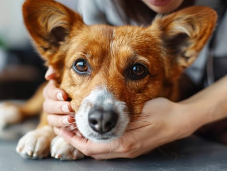 A woman is petting a dog on its head. The dog is laying on a bed. The woman is wearing a blue shirt