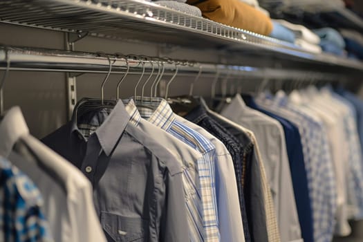 A closet with clothes hanging on hangers and a basket of clothes on the top shelf. The clothes are neatly folded and organized