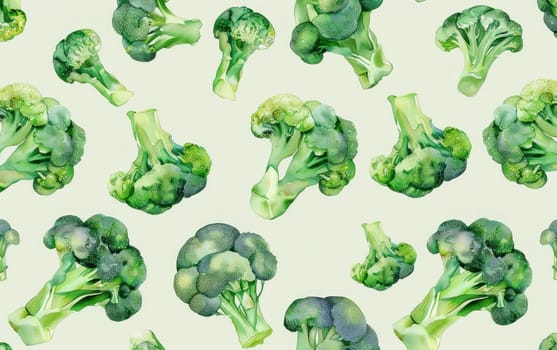 Green broccoli seamless pattern on white background for healthy eating and nutrition concept in kitchen design illustration