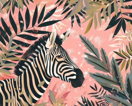 Striped beauty majestic zebra standing in vibrant jungle with pink and green leaves on head and body