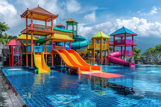 Water park, bright colorful slides. Water park without people on a summer day with a beautiful blue sky.