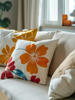 A yellow pillow sits on a white couch. The pillow is placed on the couch in front of a window, and a vase with a red flower is on the table next to the couch. Concept of warmth and comfort