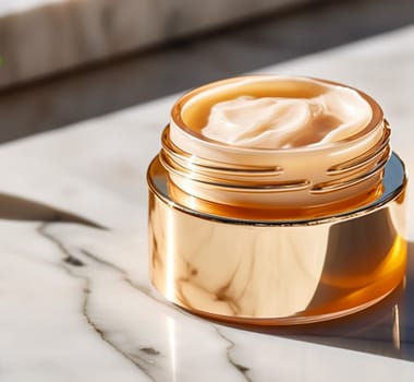 Luxury gold face cream jar on luxurious marble under golden sunlight at spa, beauty and skincare product, post-processed, generative ai