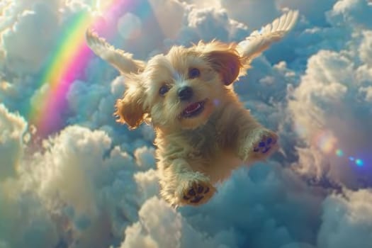 A small dog is flying through the sky with a rainbow in the background. Scene is joyful and playful, as the dog is having a great time soaring through the clouds