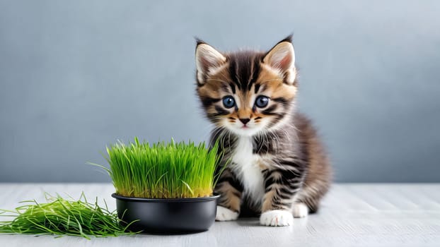 Capture the joy of a small kitten enjoying a snack of fresh grass from a pot, radiating happiness and contentment within a frame of copy space